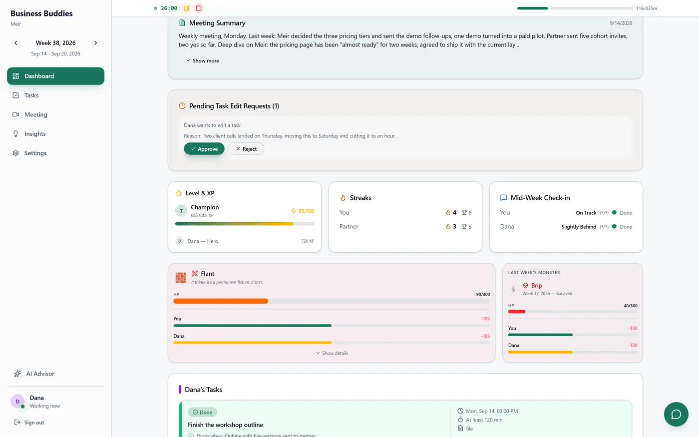 screen Business Buddies, A team task and meeting system with AI and scoring